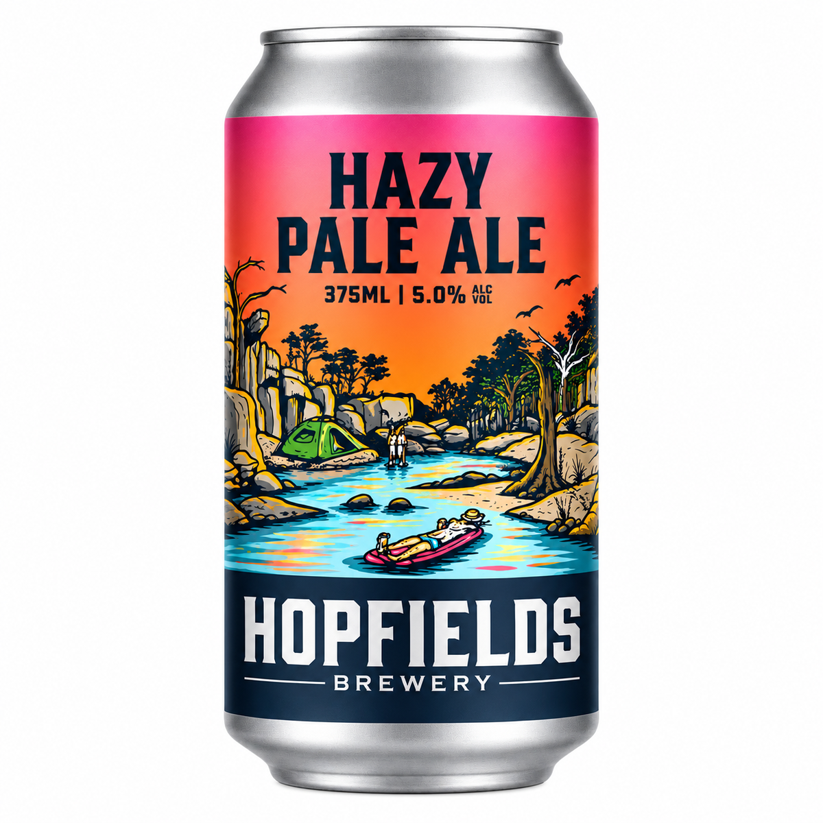 A 375ml aluminum can of Hopfields Brewery Hazy Pale Ale, featuring a vibrant label with a pink-to-orange sunset and an illustrated river scene.
