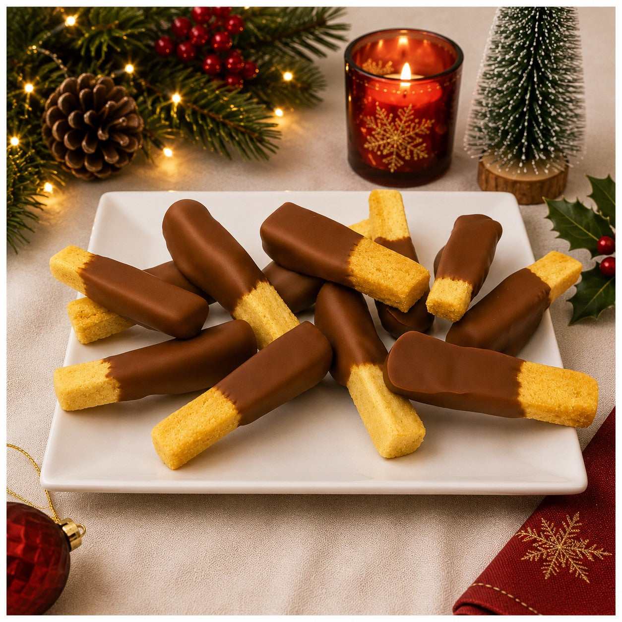 Chocolate dipped shortbread on a plate surround by christmas decorations.