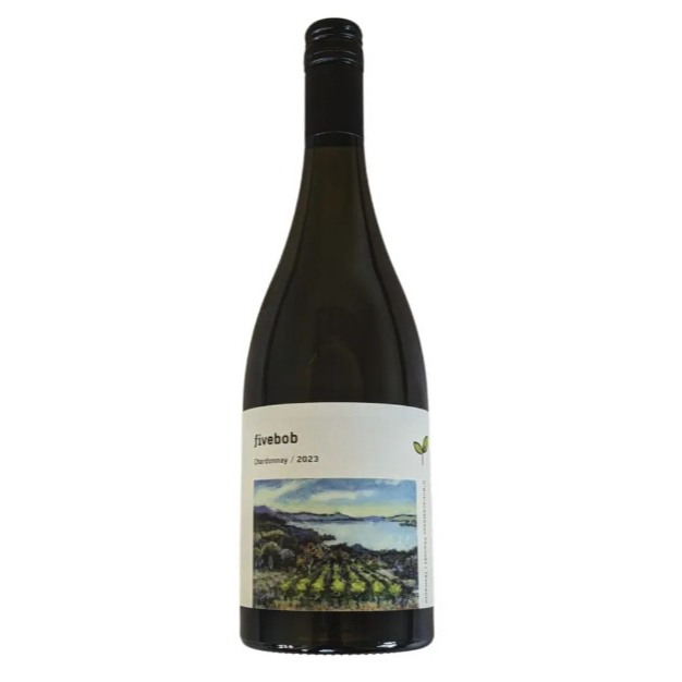 A bottle of Five Bob Farm 2023 Chardonnay wine with a label depicting a vineyard scene.