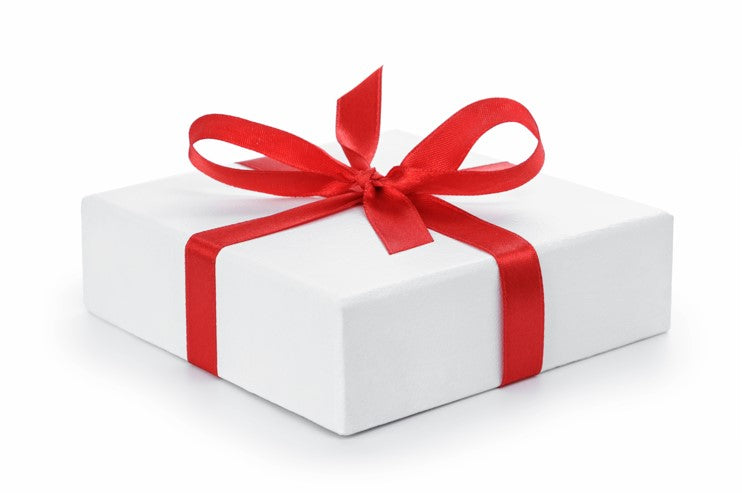 A white gift box with a red ribbon bow on top, presented against a white background.