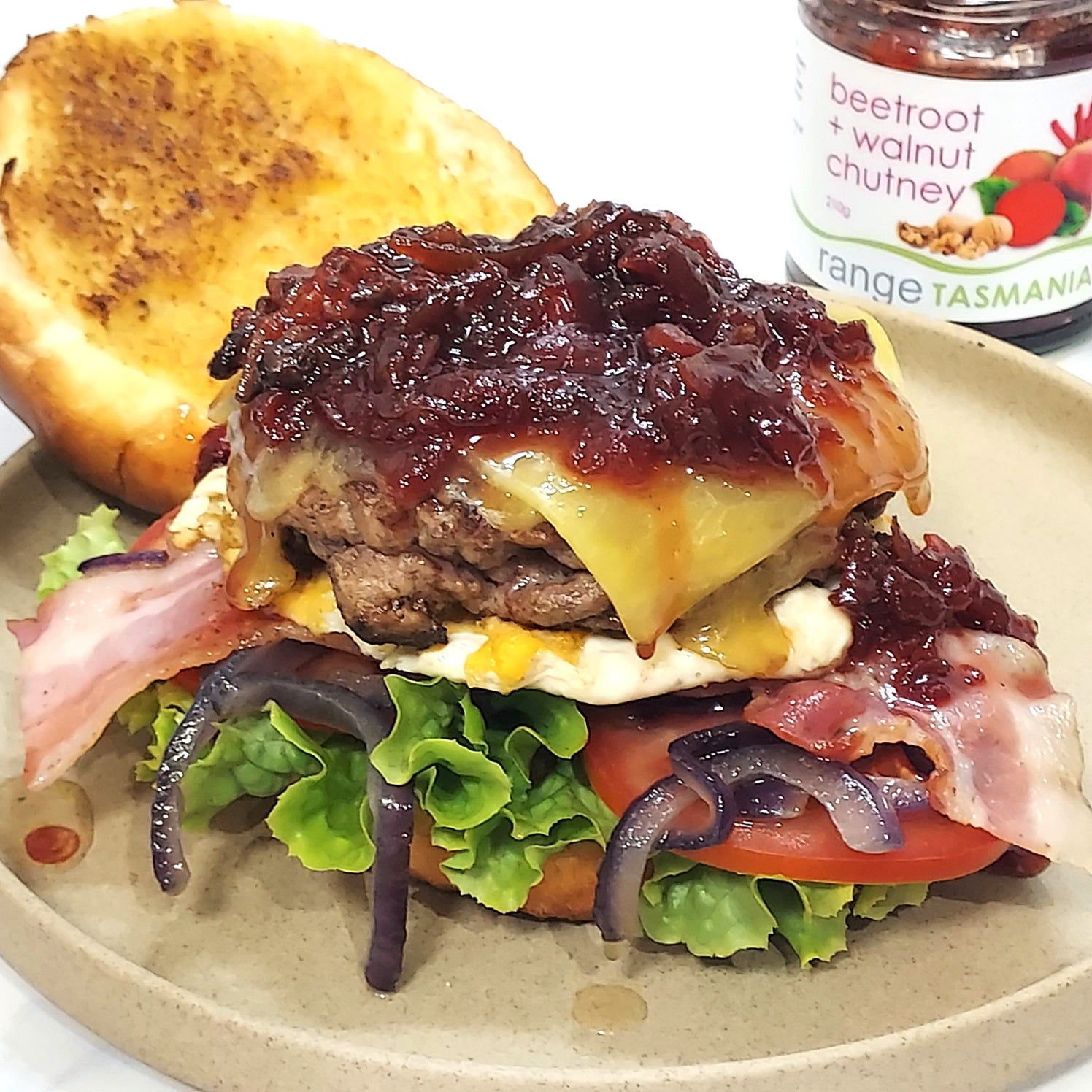 Gourmet hamburger topped with Range Tasmania handmade beetroot walnut chutney - perfect burger condiment