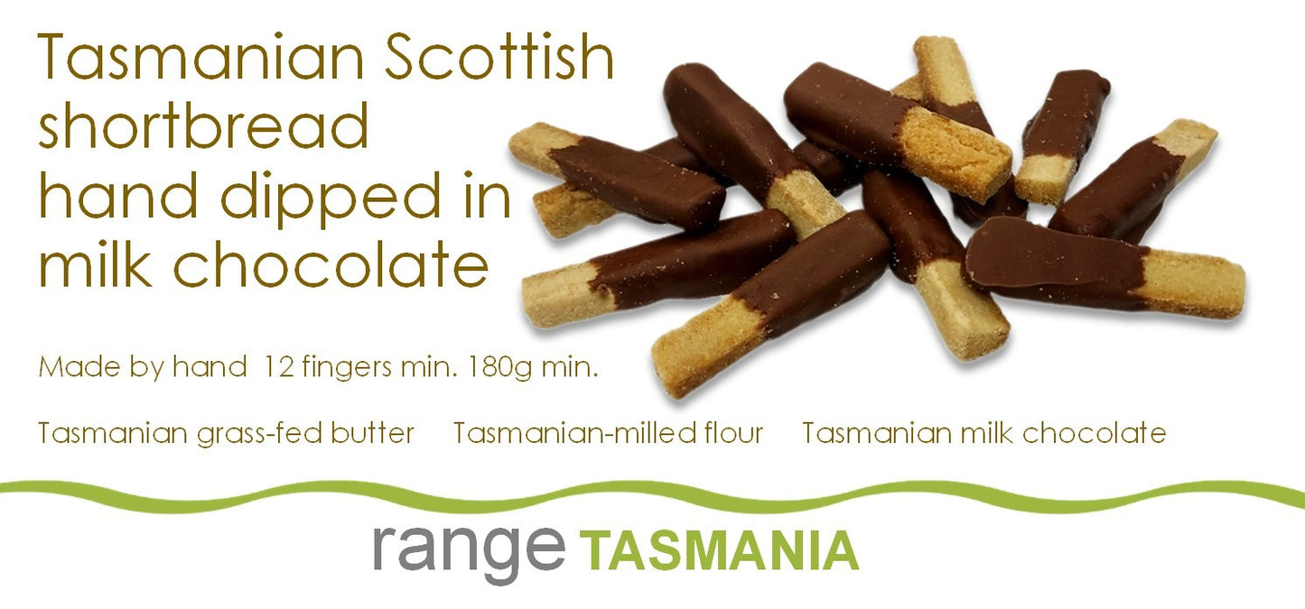 premium Tasmanian Scottish shortbread hand dipped in milk chocolate gift packaging.