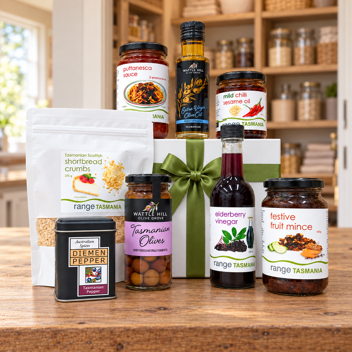 A curated gourmet gift hamper featuring an assortment of Tasmanian foods from local brands like Range Tasmania and Wattle Mill, arranged on a wooden table in front of a white gift box with a green ribbon.