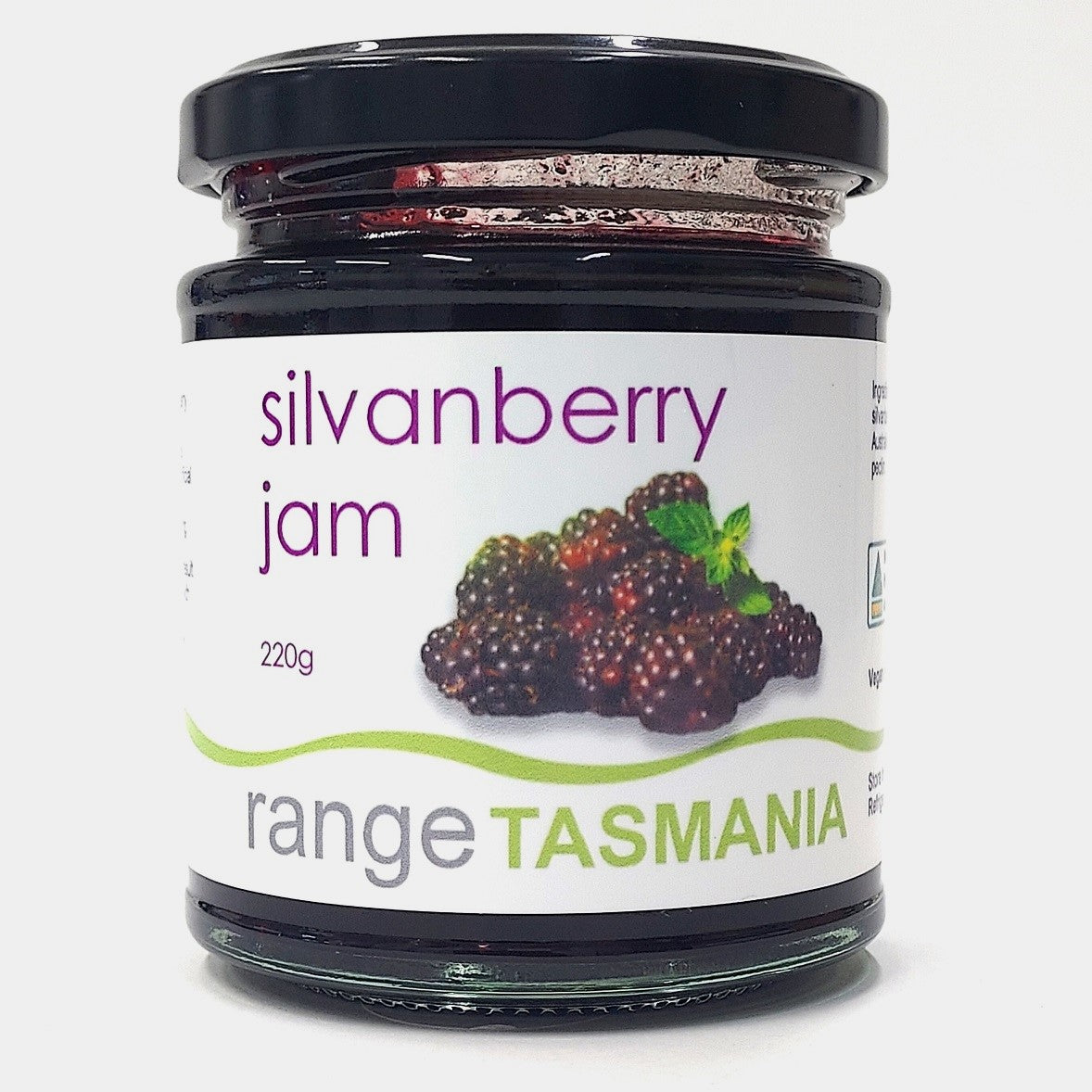Range Tasmania Silvanberry Jam 220g - rare Tasmanian berry preserve in glass jar with premium label