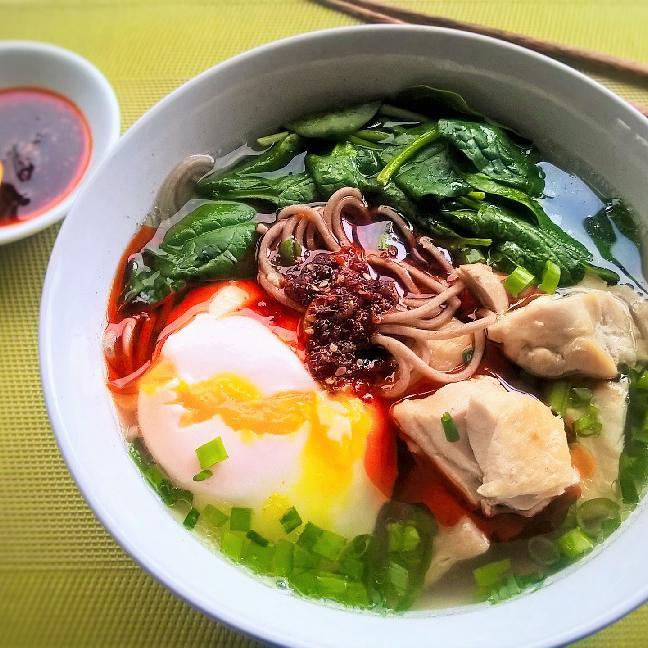 Mild sesame chilli oil served with Asian style chicken and noodle soup