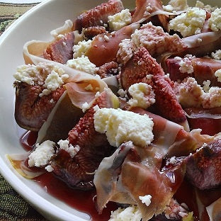 elderberry vinegar reduction drizzled over home grown fresh figs and Tasmanian smoked prosciutto and ricotta cheese