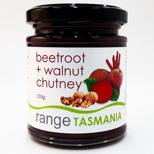 Range Tasmania Beetroot & Walnut Chutney 220g - gourmet artisan chutney in glass jar