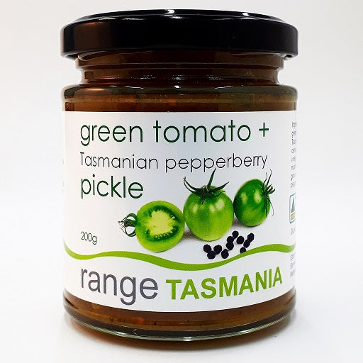 Jar of Range Tasmania Green Tomato and Tasmanian Pepperberry Pickle – handmade in Tasmania