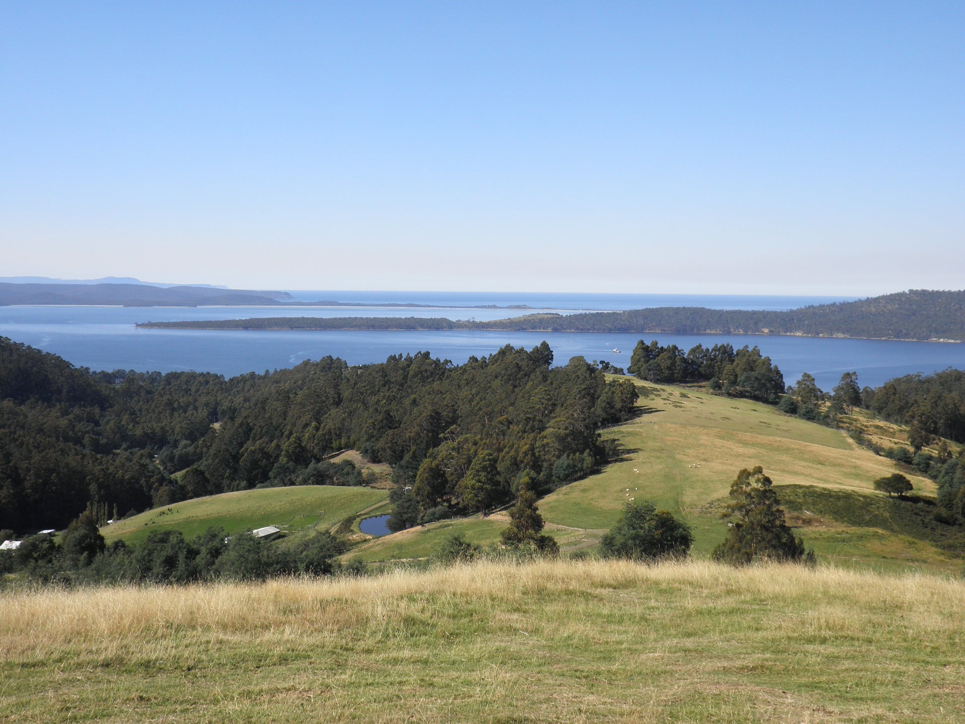 range Tasmania greeting card image of Cackleberry Farm home of range Tasmania showing Bruny Island and D_Entrecasteaux Channel