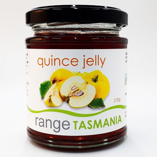 Premium Range Tasmania quince jelly in 210 gram glass jar - handmade Tasmanian autumn preserve with golden amber color