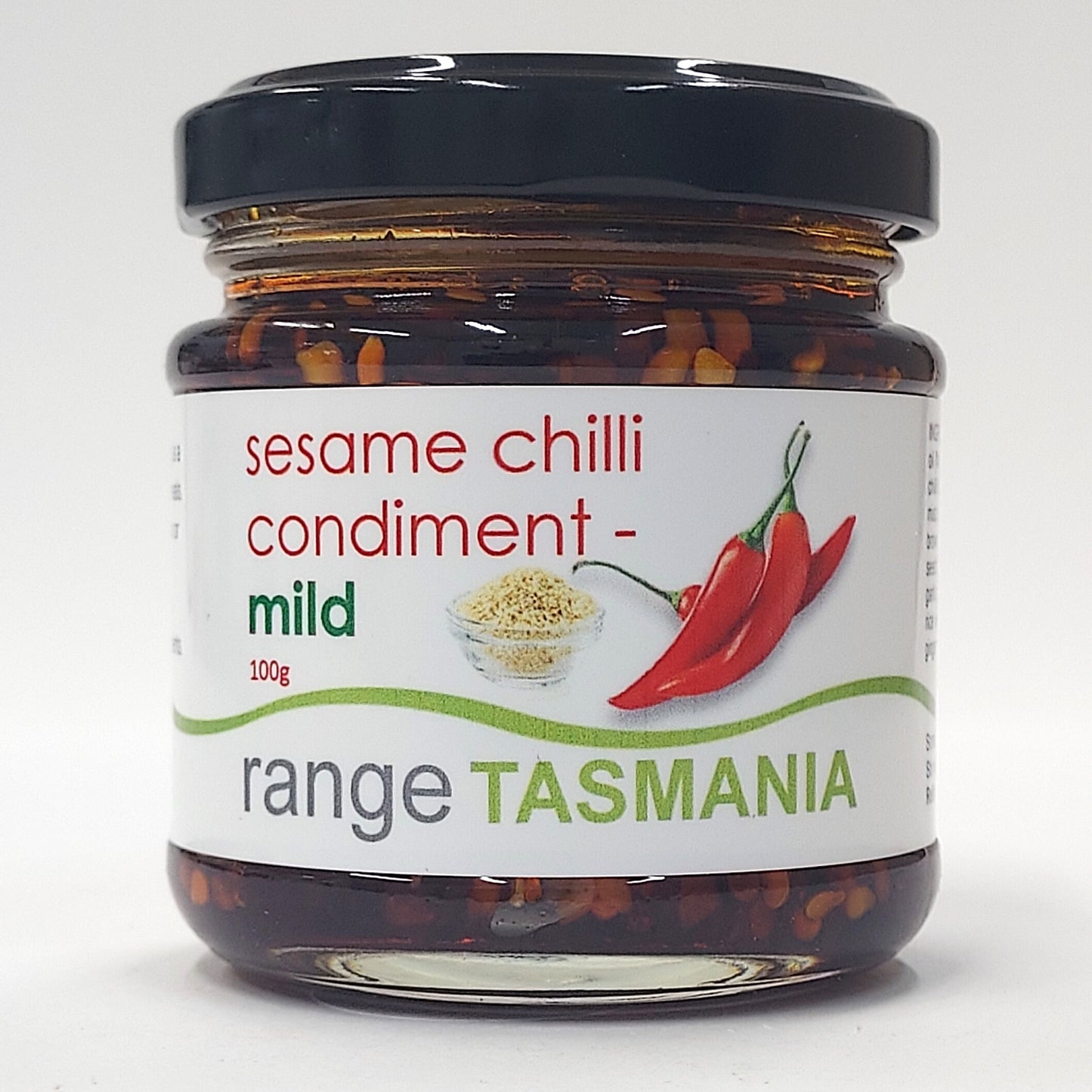 a 100 gram jar of range Tasmania sesame chilli oil mild