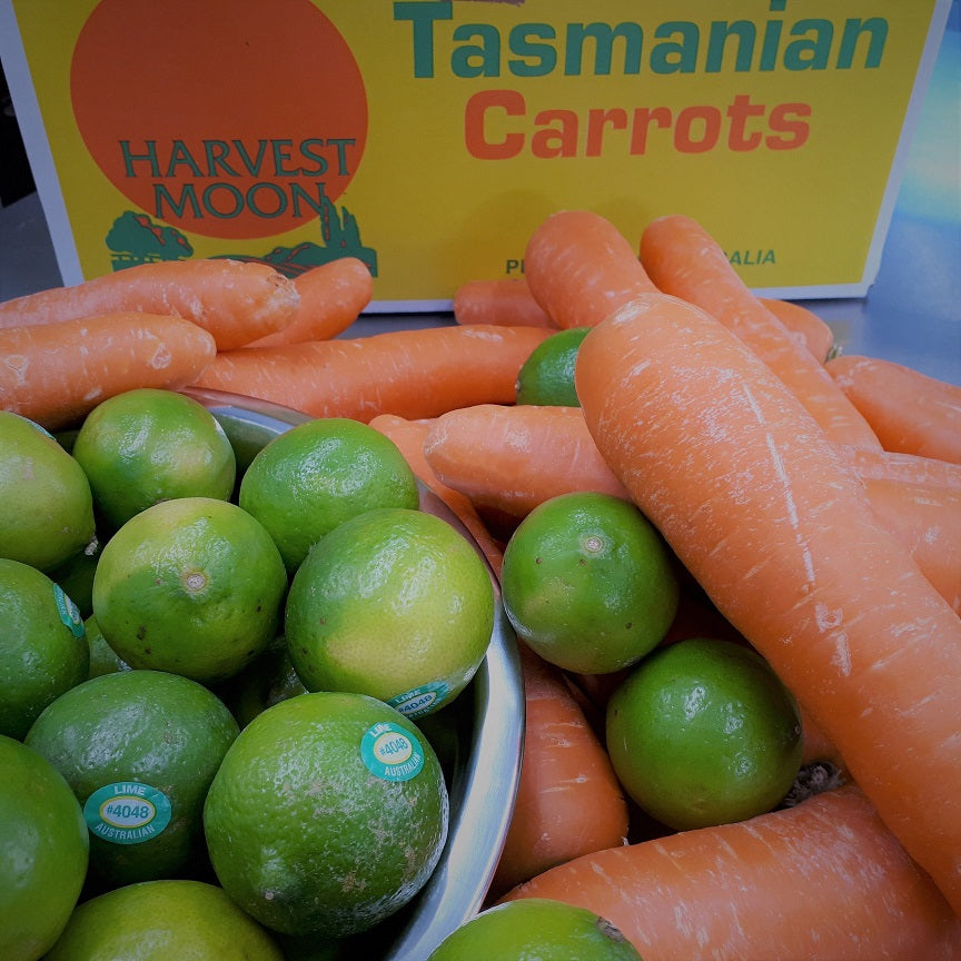image of whole fresh juicy Tasmanian carrots and Australian limes ready to make range tasmania carrot and lime jam