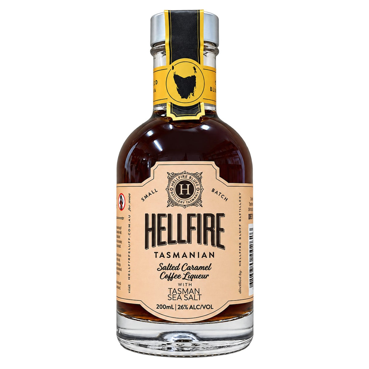 A bottle of Hellfire Tasmanian Salted Caramel Coffee Liqueur with Tasman Sea Salt, 200ml, featuring a dark amber liquid in a clear glass bottle with a beige and black label and a yellow neck seal.
