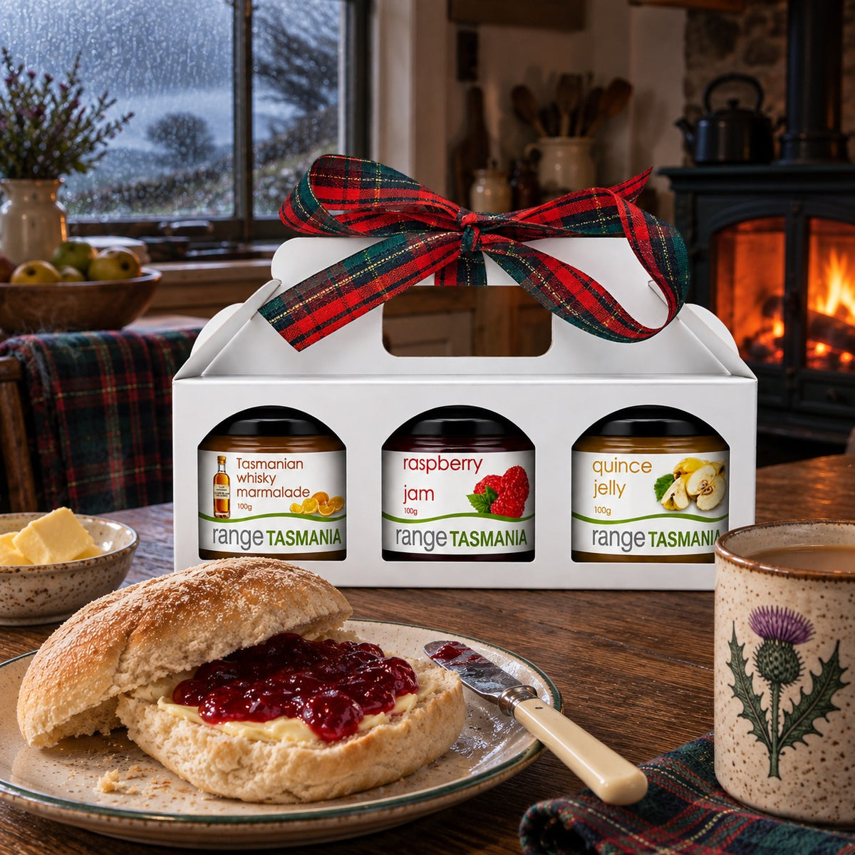 A white three-pack gift carrier filled with Range Tasmania spreads, tied with a red plaid ribbon, set on a rustic table with a sliced bread and jam, a mug, and a window view in the background.
