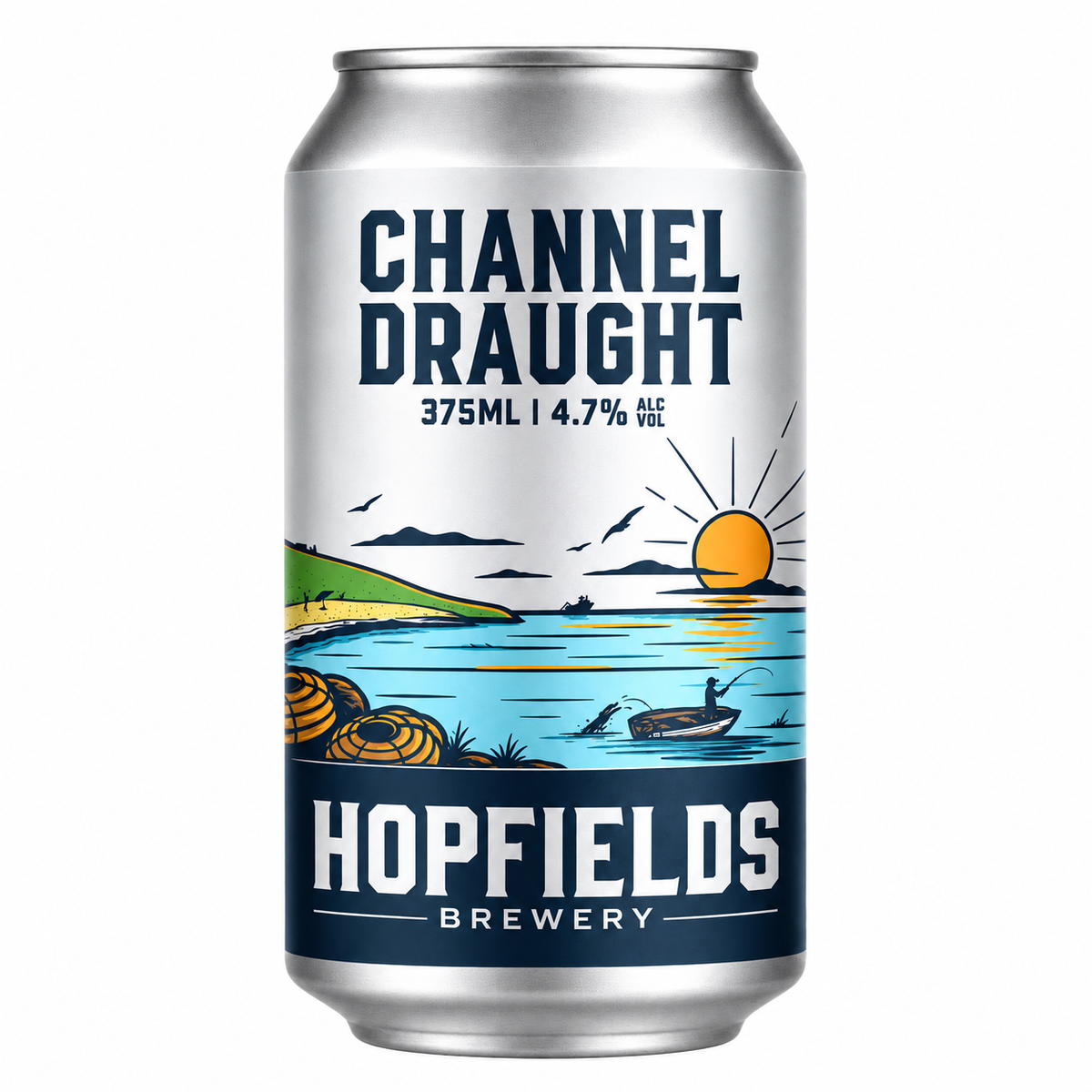 A 375ml aluminum can of Channel Draught beer by Hopfields Brewery, featuring a colorful coastal illustration on a white and navy label.