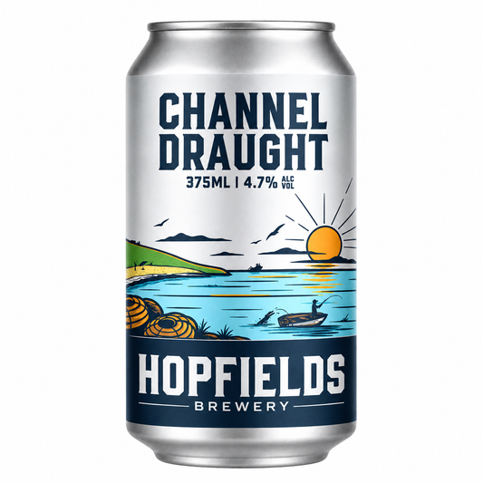 A 375ml aluminum can of Channel Draught beer by Hopfields Brewery, featuring a colorful coastal illustration on a white and navy label.