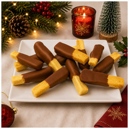 Chocolate dipped shortbread on a plate surround by christmas decorations.