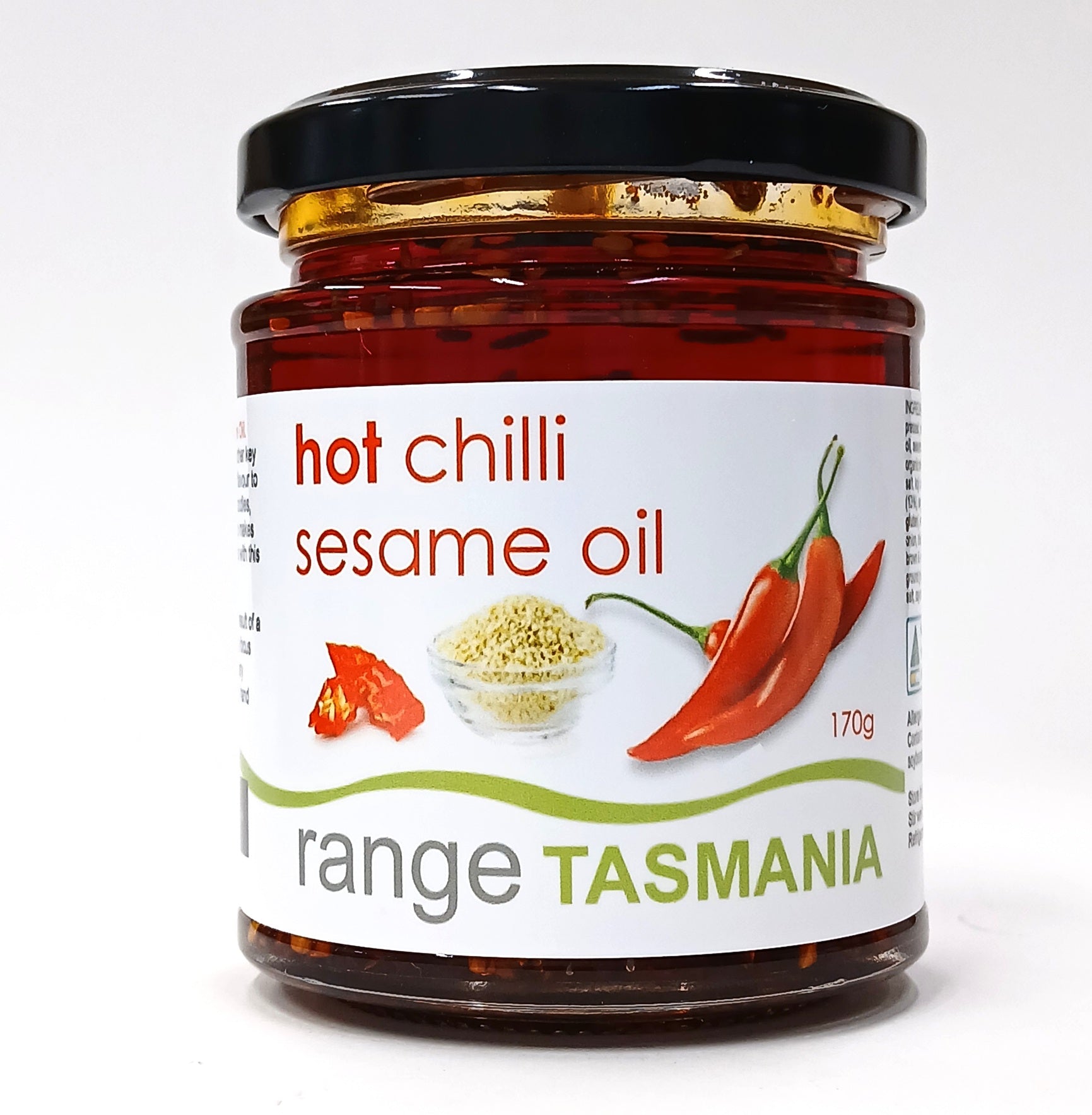Jar of hot chilli sesame oil from Range Tasmania on a white background
