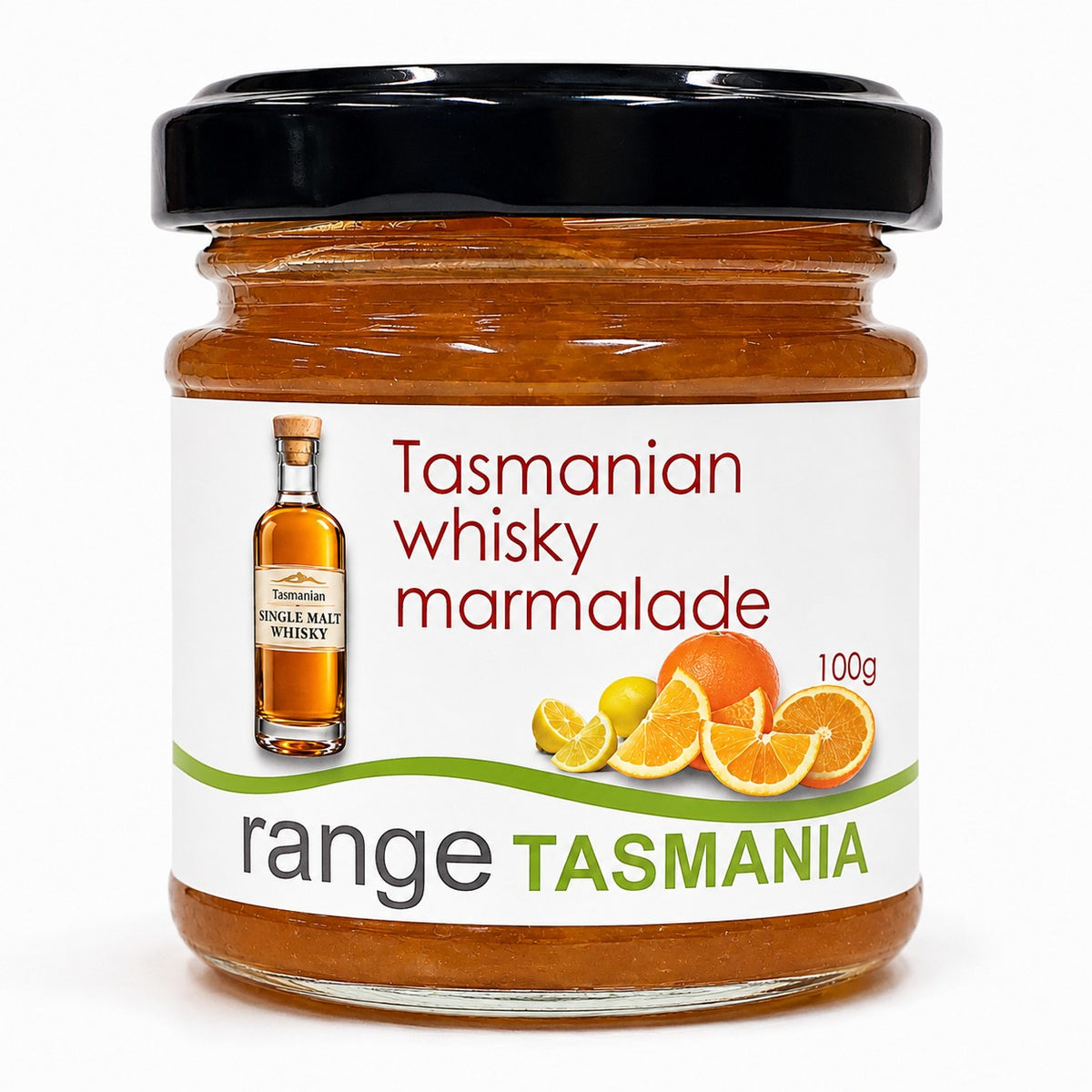 A 100g glass jar of Tasmanian Whisky Marmalade by Range Tasmania, featuring a white label with orange and yellow citrus graphics and a black lid, set against a plain white background.