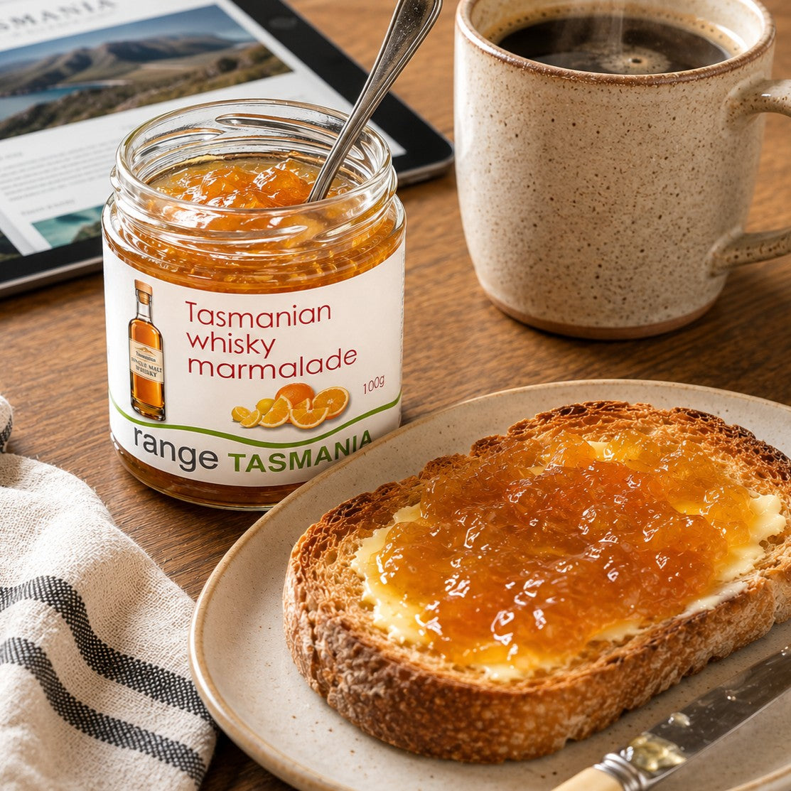 A jar of Tasmanian whisky marmalade by Range Tasmania sits on a wooden table beside a cup of coffee, a slice of toast spread with orange marmalade, and a tablet.
