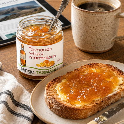 A jar of Tasmanian whisky marmalade by Range Tasmania sits on a wooden table beside a cup of coffee, a slice of toast spread with orange marmalade, and a tablet.