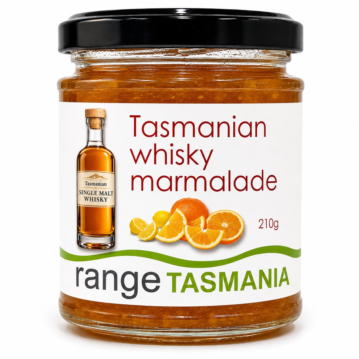 A glass jar of Tasmanian whisky marmalade with a black lid and a white label featuring orange slices and a bottle of single malt whisky. The label also shows the brand name 'range TASMANIA' and indicates a weight of 210g.