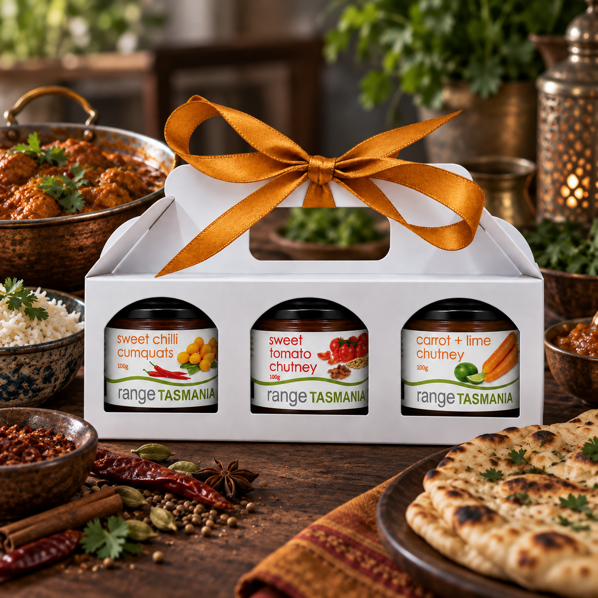 A white gift box with a gold ribbon handle, holding three jars of Range Tasmania chutney, styled on a wooden table with Australian dishes including curry, rice, and flatbread.