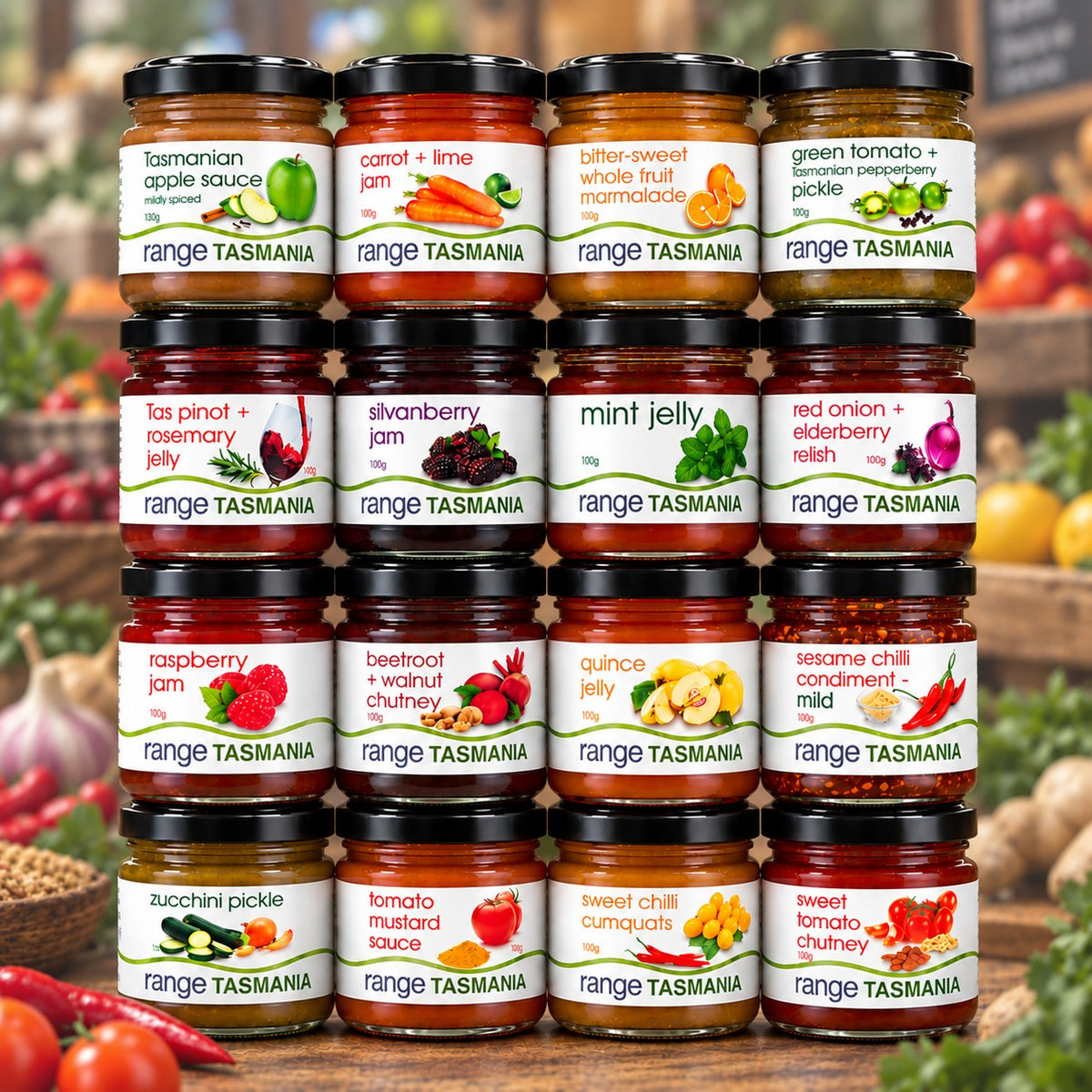 Product lineup photo: “Range of 100g jars available to choose from for a custom three-jar gift pack.