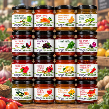 Product lineup photo: “Range of 100g jars available to choose from for a custom three-jar gift pack.