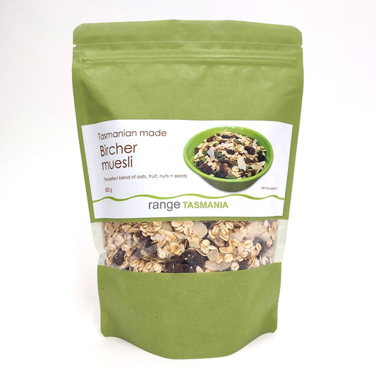 rnage tasmania bircher muesli 500 gram packed in lime green packaging pouch