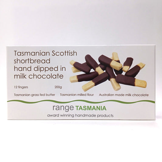 Box of Tasmanian Scottish shortbread hand dipped in milk chocolate on a white background