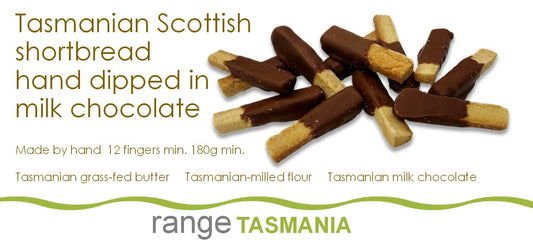 Tasmanian Scottish shortbread hand-dipped in milk chocolate - minimum 12 fingers/180g