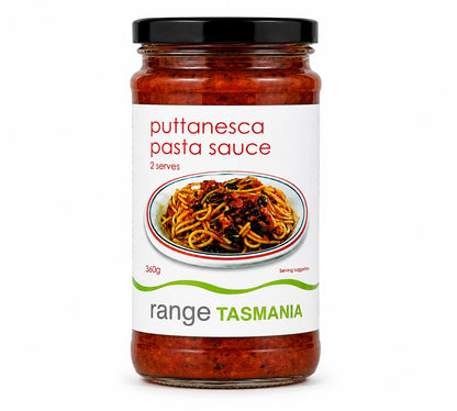 Range Tasmania Premium Puttanesca Pasta Sauce jar - 360g restaurant quality Italian sauce with tomatoes, olives, and anchovies