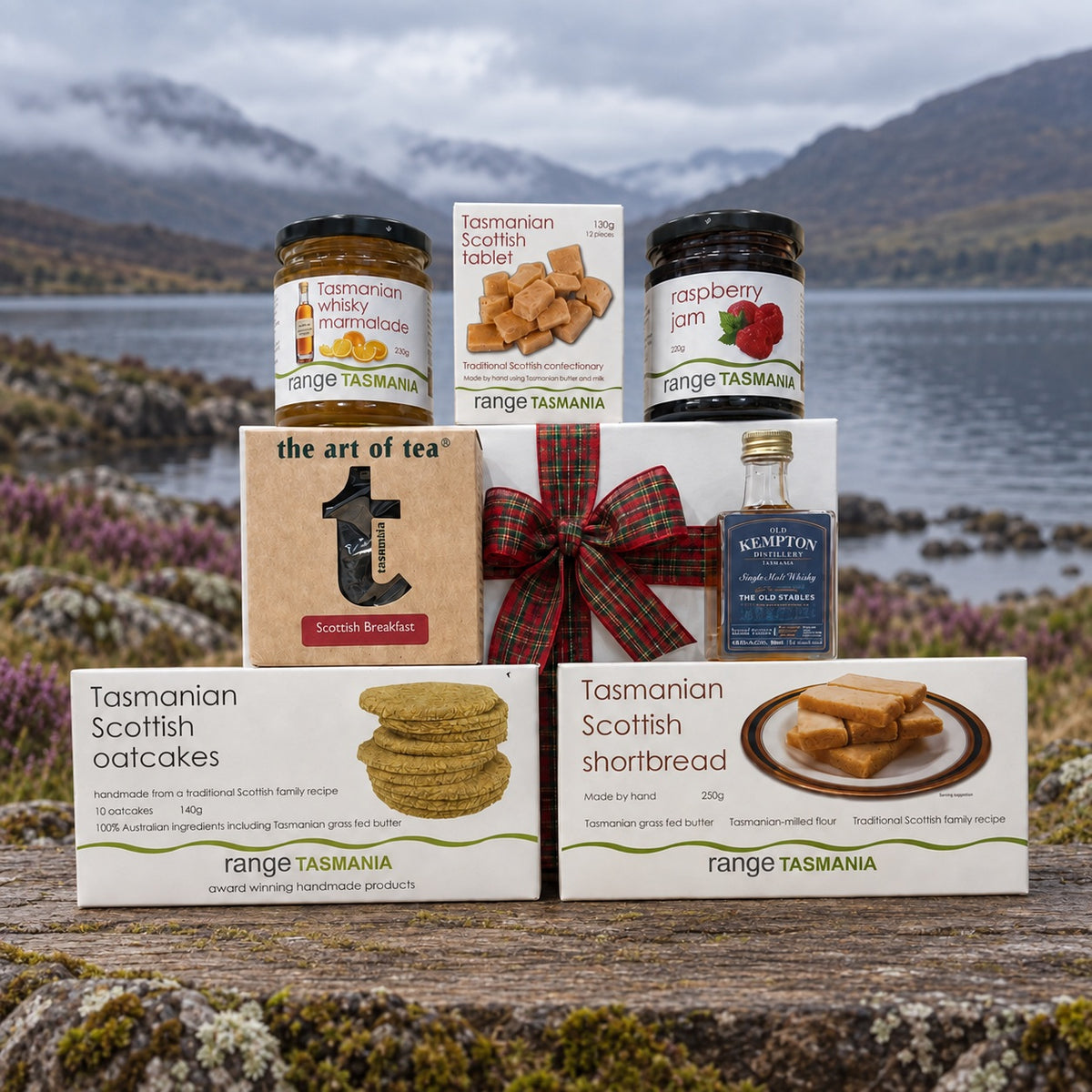 Range Tasmania premium scottish gift hamper with a misty background and loch