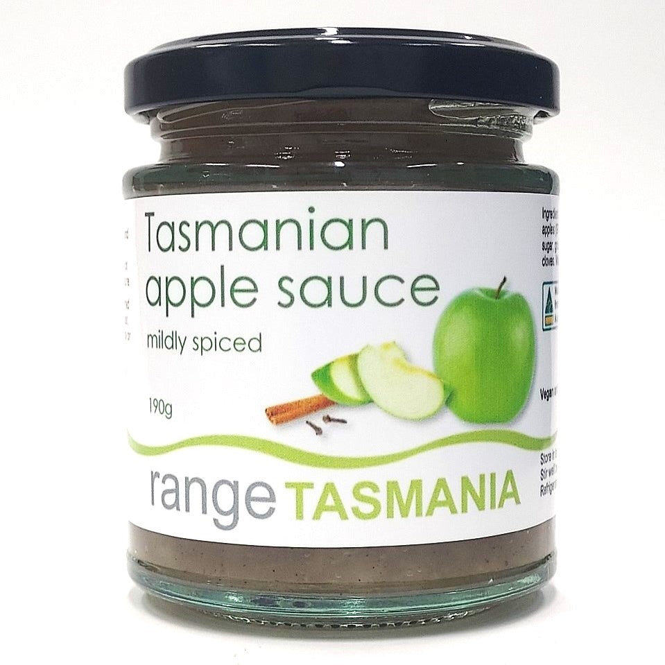 Jar of Range Tasmania apple sauce showing fresh apples on the label