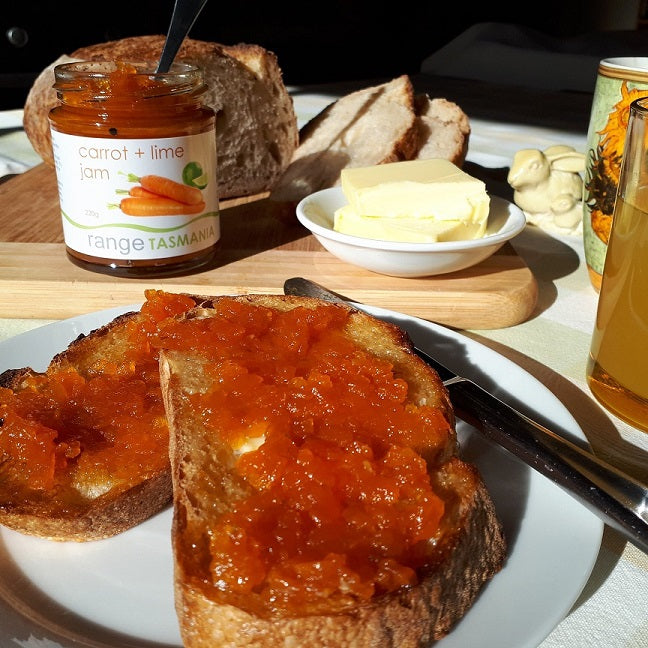 range tasmania carrot and lime jam spread on organic toasted sourdough