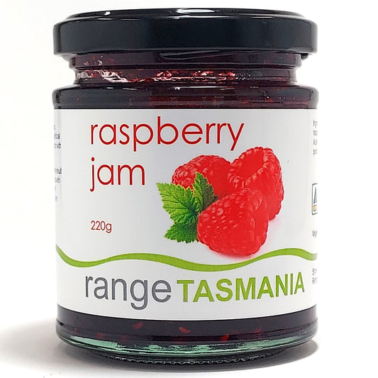 a 220 gram jar of range Tasmania raspberry jam