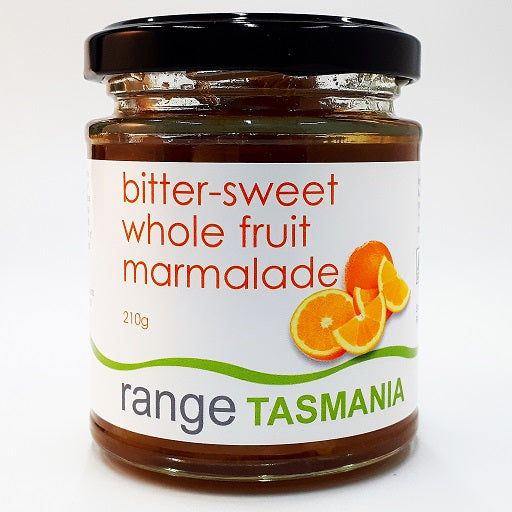 A 210 gram jar of range tasmania bitter-sweet whole fruit marmalade