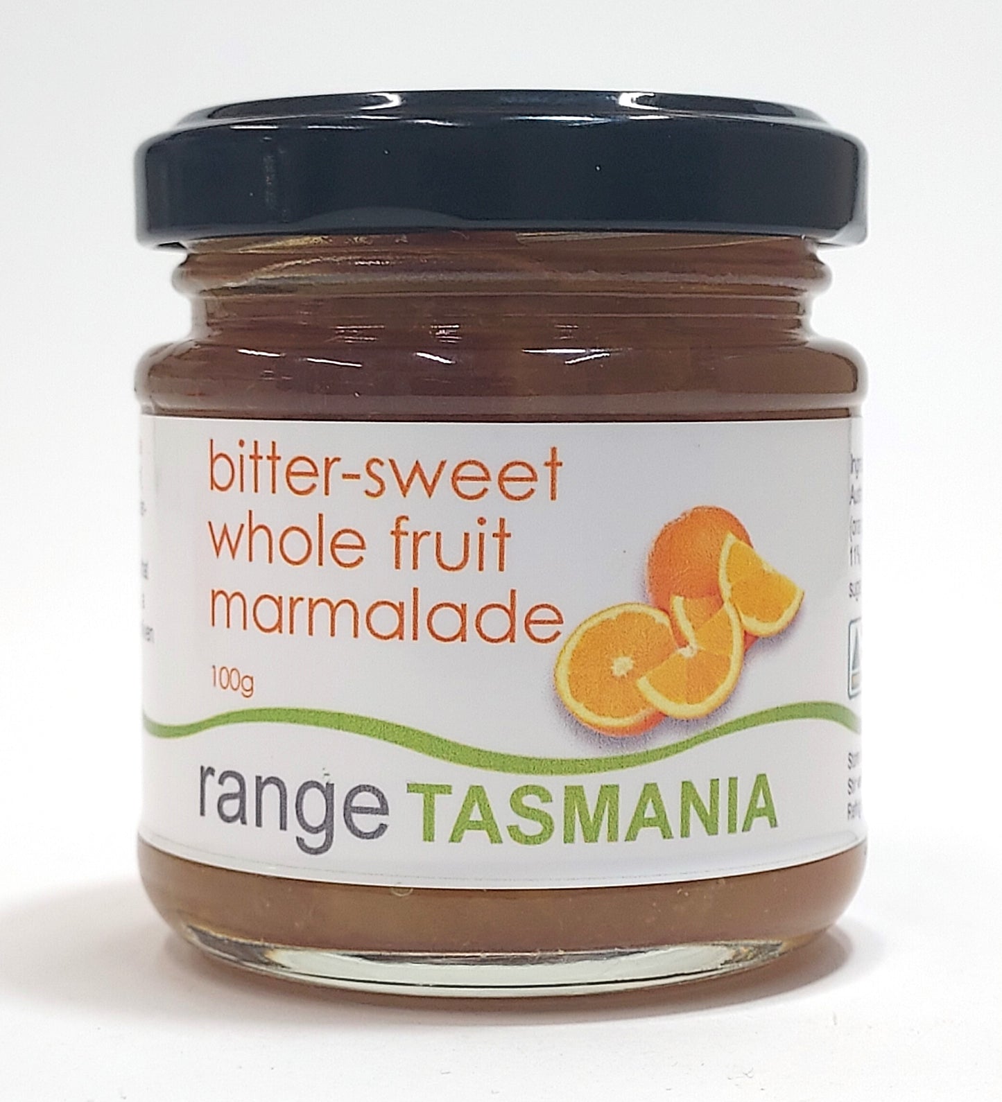A 100 gram jar of range tasmania bitter-sweet whole fruit marmalade