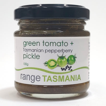 a 100 gram jar of range Tasmania green tomato and Tasmanian pepperberry pickle t