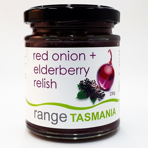 a 230 gram jar of range Tasmania red onion and elderberry relish