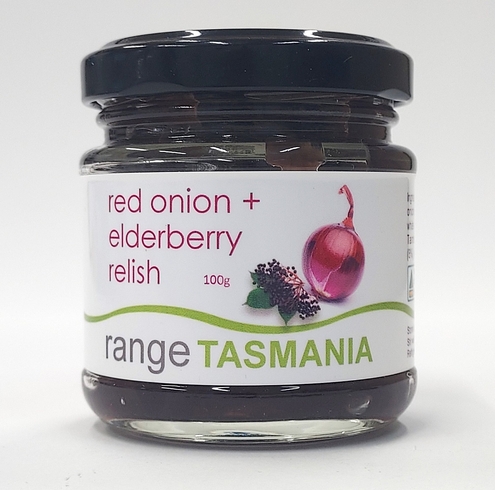 a 100 gram jar of range Tasmania red onion and elderberry relish