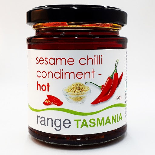 a 170 gram jar of range Tasmania sesame chilli condiment hot 