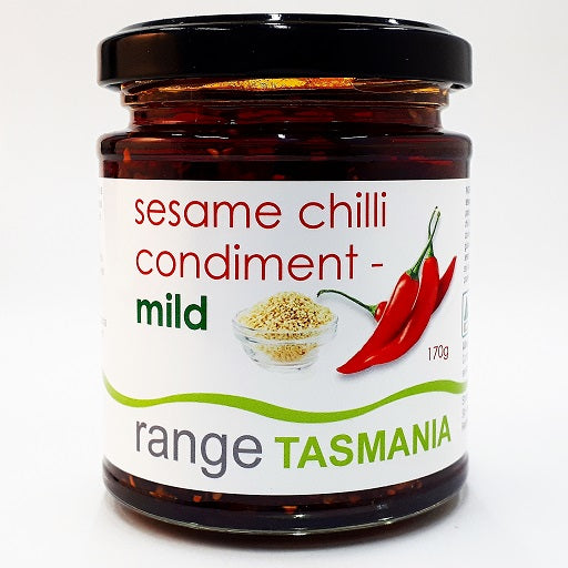 a 170 gram jar of range Tasmania sesame chilli condiment mild
