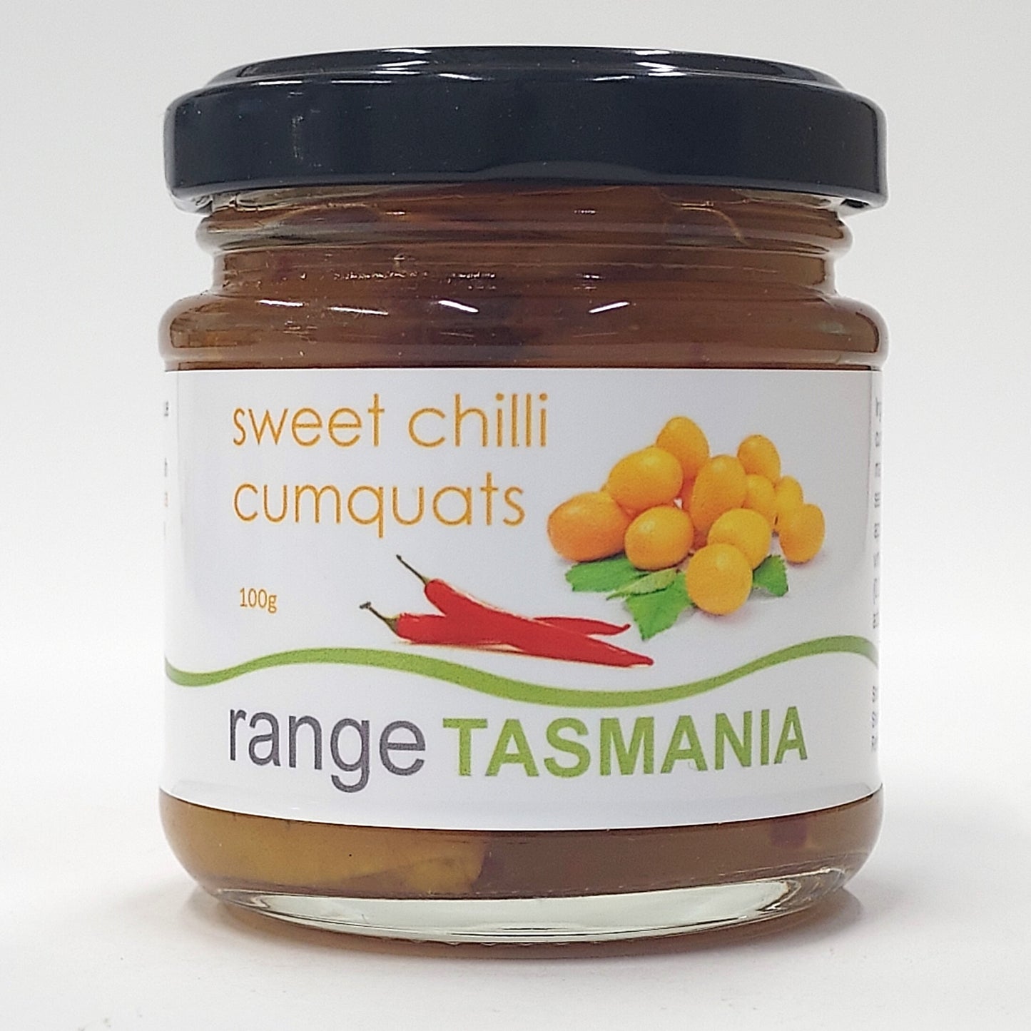 a 100 gram jar of range Tasmania sweet chilli cumquats