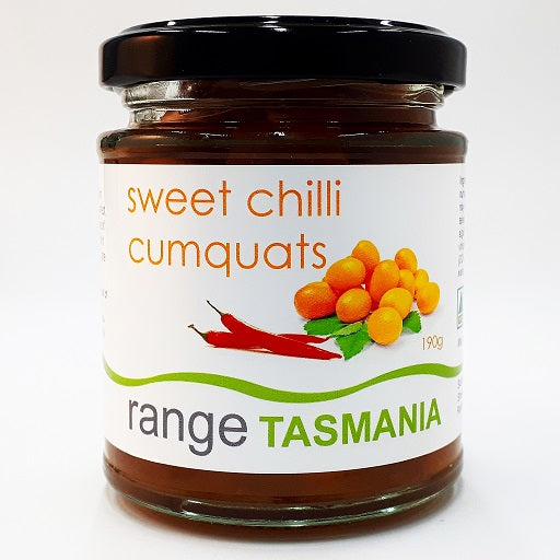 a 190 gram jar of range Tasmania sweet chilli cumquats 