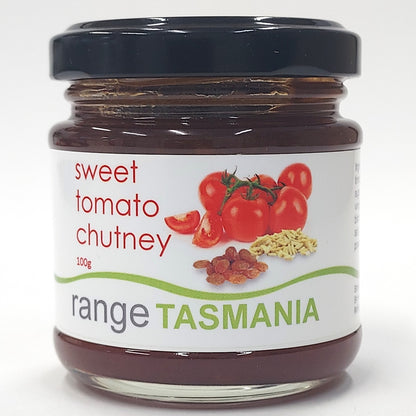 a 100 gram jar of range Tasmania sweet tomato chutney