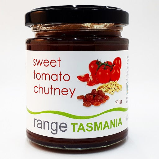 a 210 gram jar of range Tasmania sweet tomato chutney
