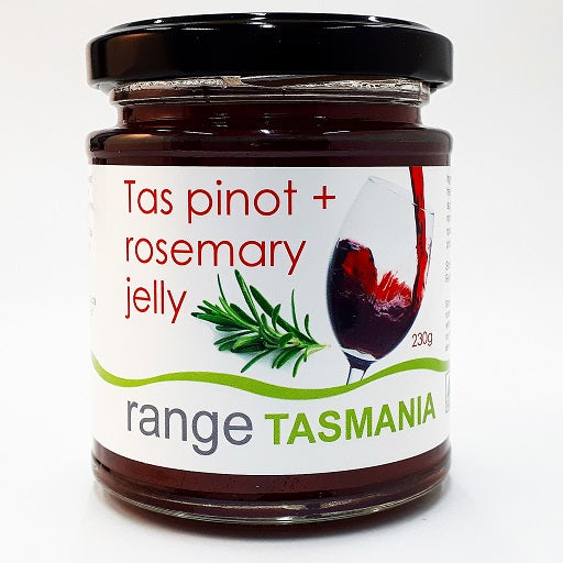 a 230 gram jar of range Tasmania Tas pinot and rosemary jelly