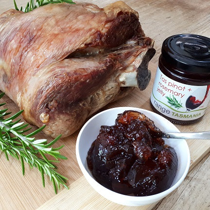 bowl of range Tasmania Tas pinot and rosemary jelly being served with a roasted leg of lamb